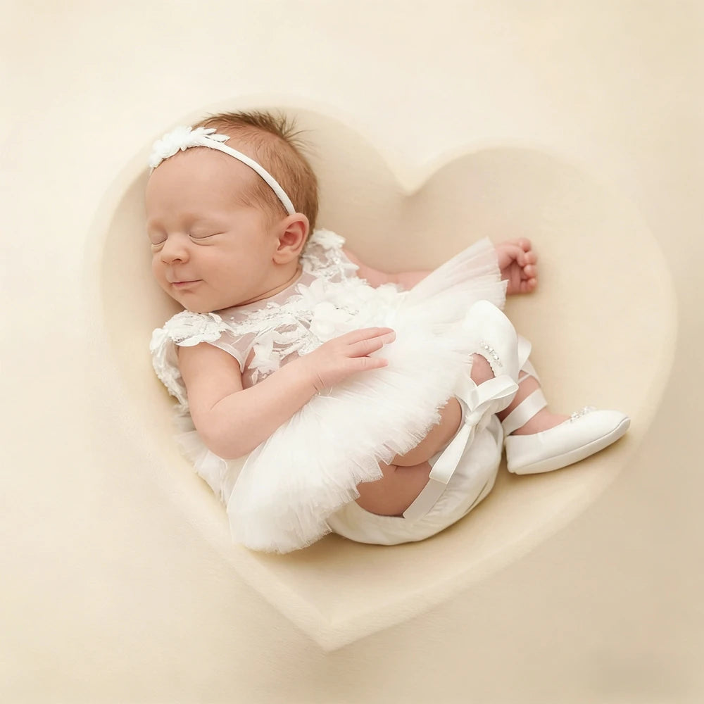 White Lace Tutu Romper Newborn Girl Pearl Ruffle Bodysuit Baby Jumpsuit