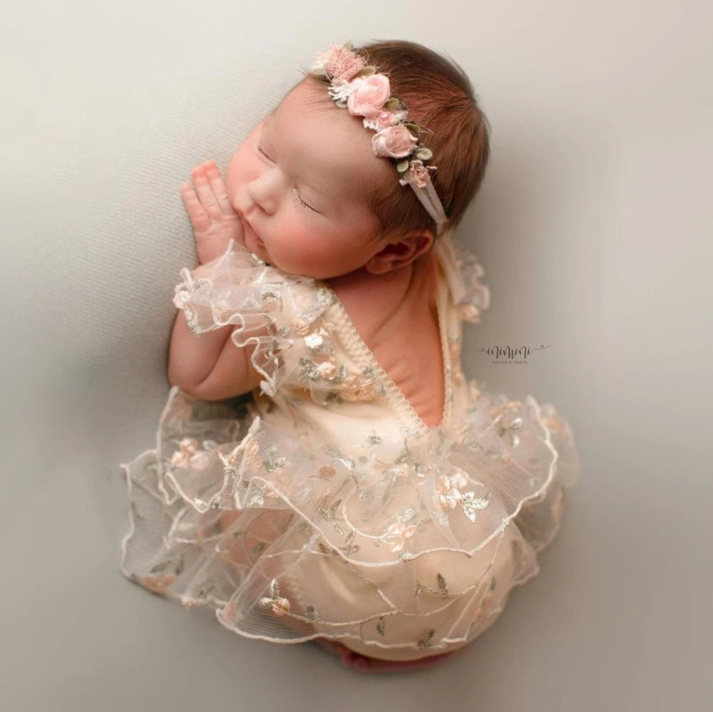 Newborn Baby Girl Floral Embroidered Tulle Tutu Dress Matching Flower Headband Newborn Set