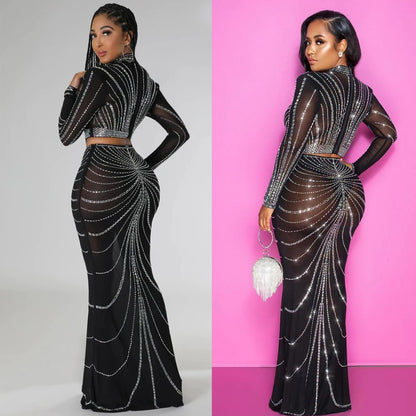 Maternity Party Elastic Mesh Nail Drill Dress