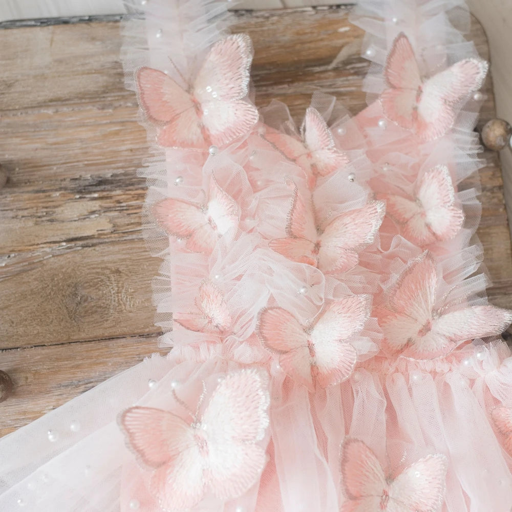 Newborn Butterfly Theme Girl Tutu Romper Pearl Beads Princess Dress Studio Clothing