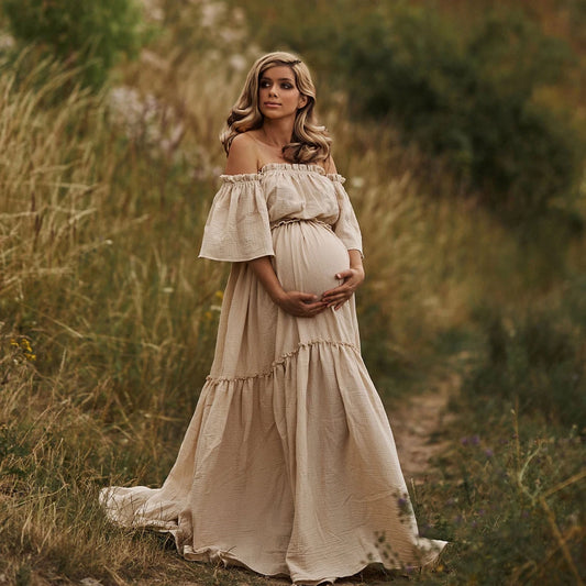 Maternity Boho Dress Comfortable Linen Cotton Vintage Short Sleeve