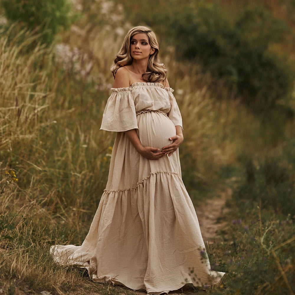 Women Boho Dress Comfortable Linen Cotton Maternity Clothing Vintage  Short Sleeve Dress For Pregnancy Photo Shoot