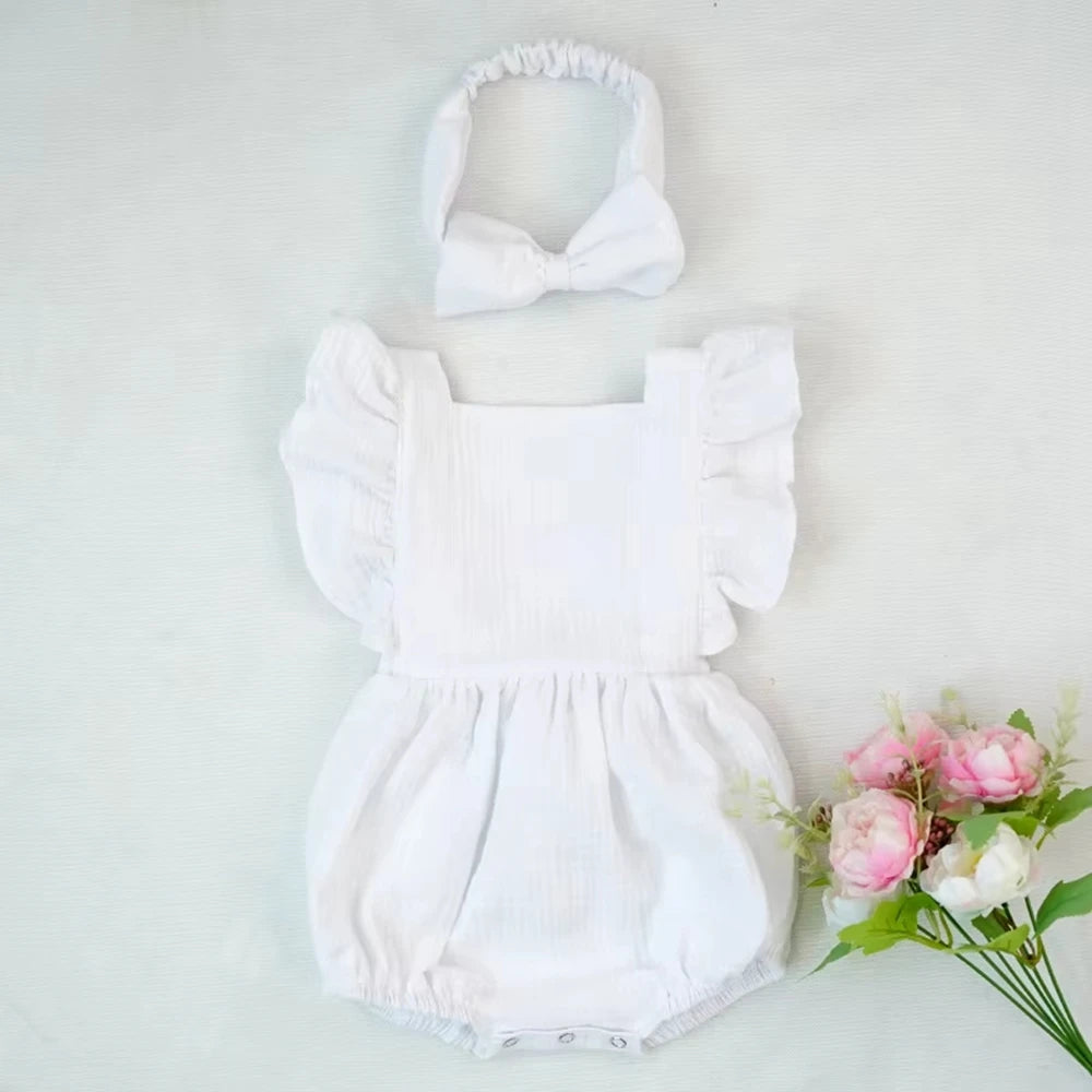 Personalized Baby Girl Muslin Romper Ruffle Shoulders Custom Name Embroidery Bow Headband