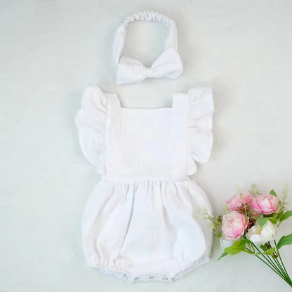 Personalized Baby Girl Muslin Romper Ruffle Shoulders Custom Name Embroidery Bow Headband
