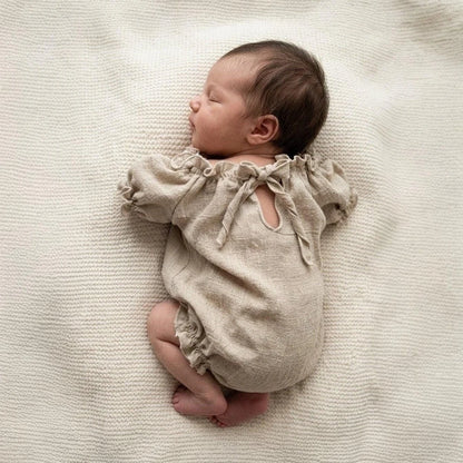 Vintage Beige Linen Cotton Off Shoulder Ruffle Romper Baby Girl