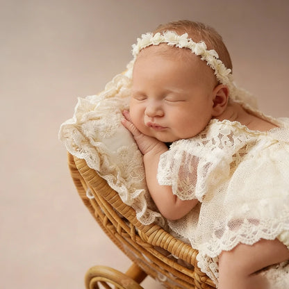 Beige Lace Ruffle Newborn Baby Girl Romper Bodysuit