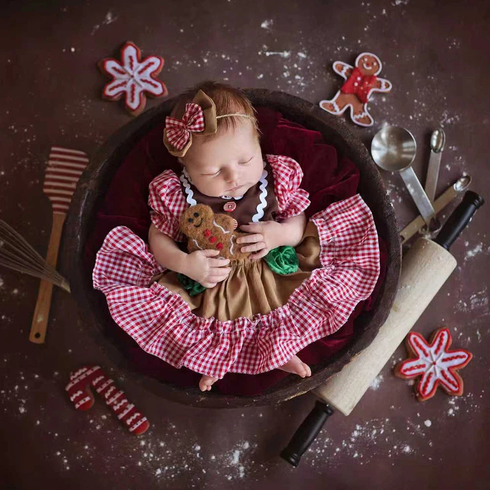 Newborn Christmas Gingerbread Girl Baby Dress Set Photo Studio Holiday Costume Shower Cloth