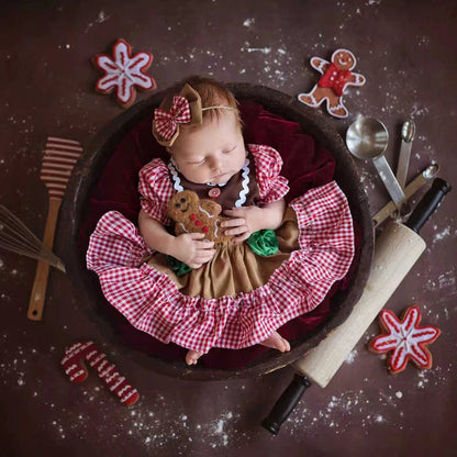 Newborn Christmas Gingerbread Girl Baby Dress Set Photo Studio Holiday Costume Shower Cloth