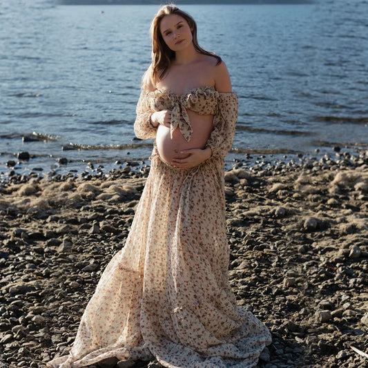 Bohemian Maternity Photo Dress Flowing Printed Chiffon Ruffle Edge Off Shoulder Two-piece Dress Set Photography Dress For Women