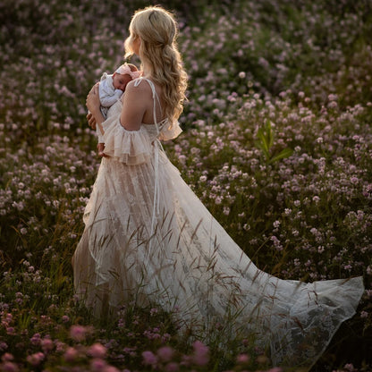 Maternity Beige Lace Two-piece Suspender Dress