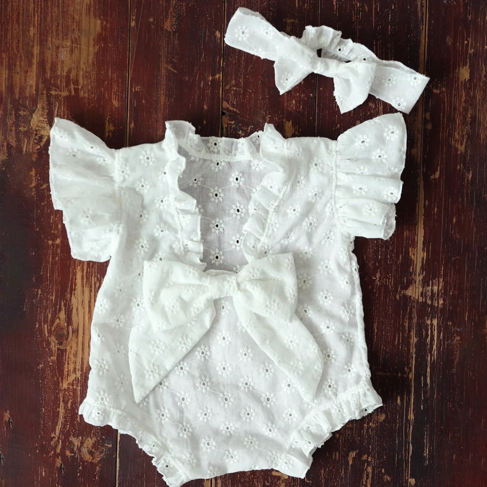 Newborn Baby Girl Eyelet Ruffled Romper Back Bow Matching Headband Photo