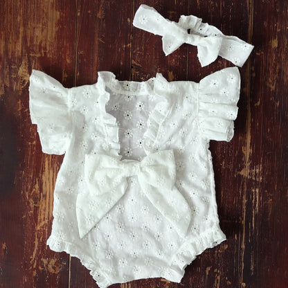 Newborn Baby Girl Eyelet Ruffled Romper Back Bow Matching Headband Photo