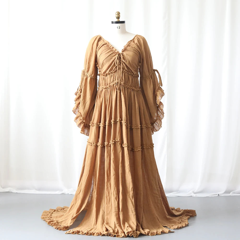Boho Flowy Maternity Dress Photoshoot Long Sleeve Ruffle Maxi Pregnancy Gown Baby Shower Elegant Photography Outfit