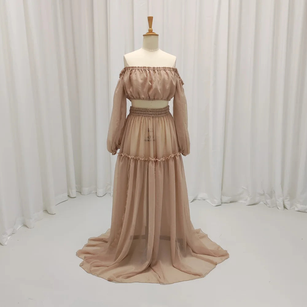 Boho Maternity Dress For Photo Shoot Woman Starlight Dot Chiffon Dress Off Shoulder Long Sleeve Beach Photography Gown