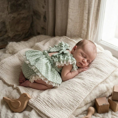 Vintage Newborn Photo Sage Green Polka Dot Ruffle Romper Onesie Dress