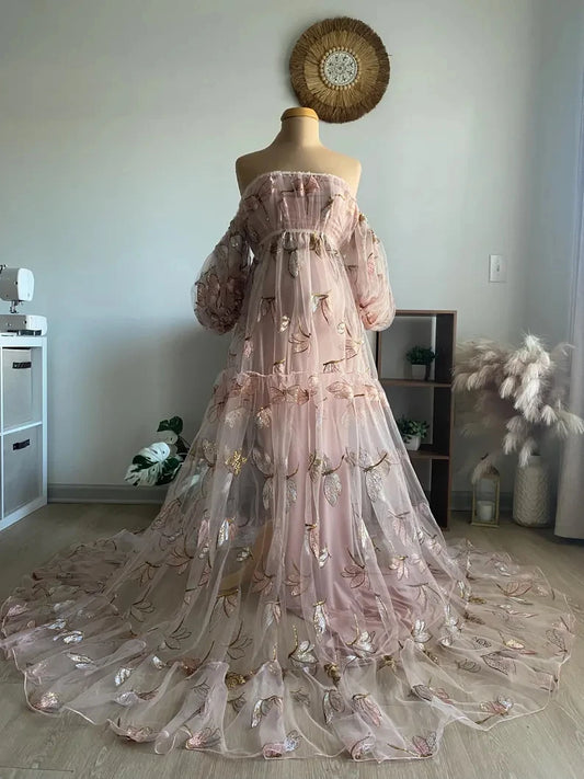 Photography Dress For Women Mesh Embroidery  Off Shoulder Puff Sleeve Dress Maternity Dresses Photoshoot Baby Showers Dress