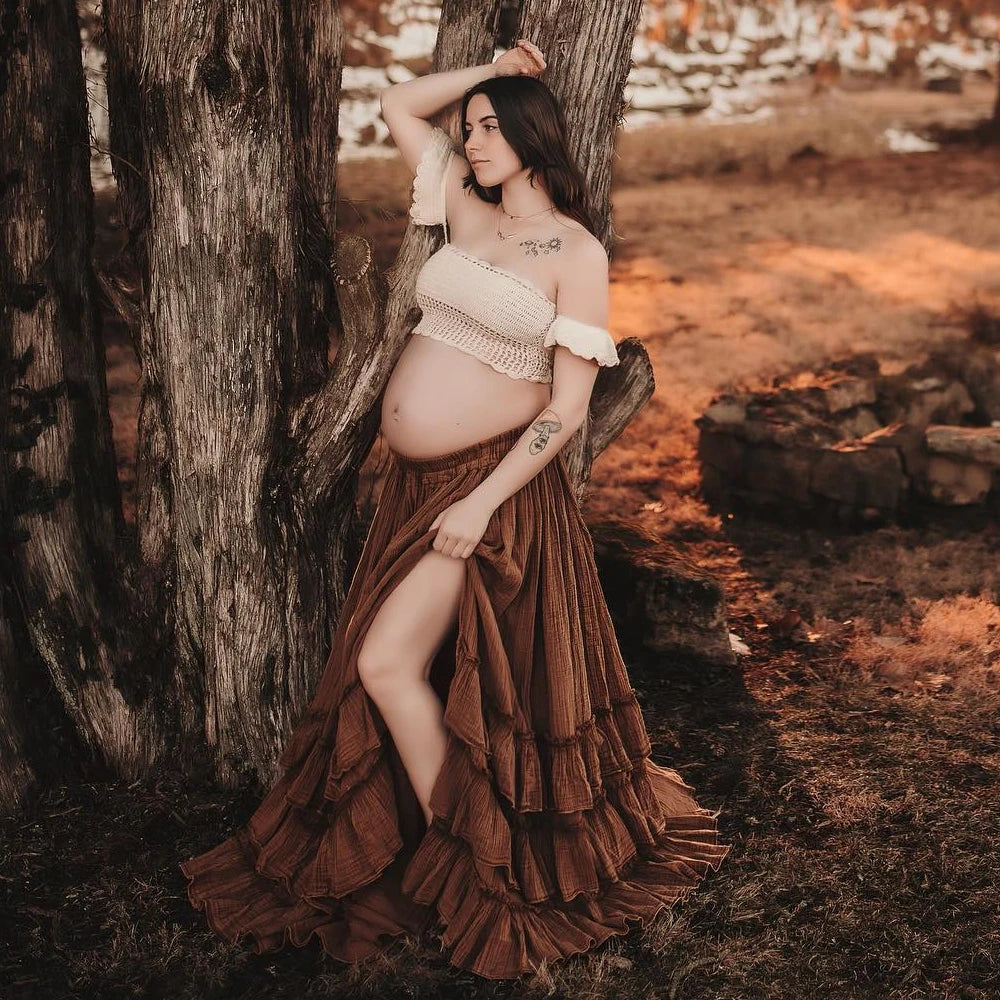 Maternity Knitted Bra Linen Cotton Three-layer Lace Boho Style Dress Two-piece Set
