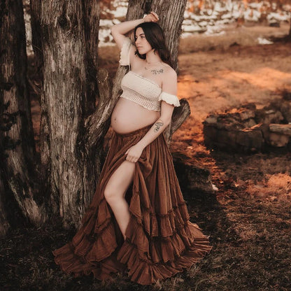 Maternity Knitted Bra Linen Cotton Three-layer Lace Boho Style Dress Two-piece Set