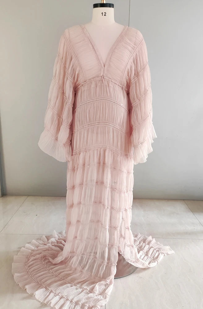 Maternity Pleated Chiffon Tulle Ruffles Dress Boho Style