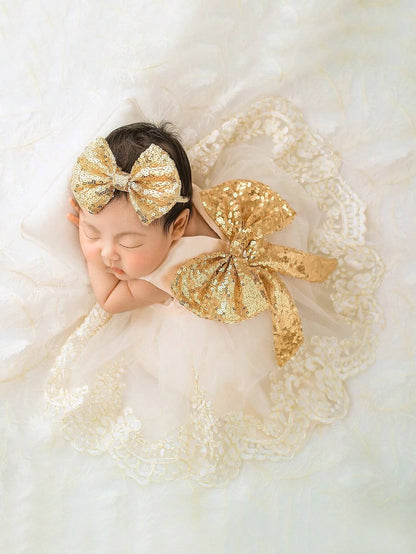 2pcs Newborn Set Baby Girls Princess Embroidered Mesh Dress Bowknot Lace Skirt