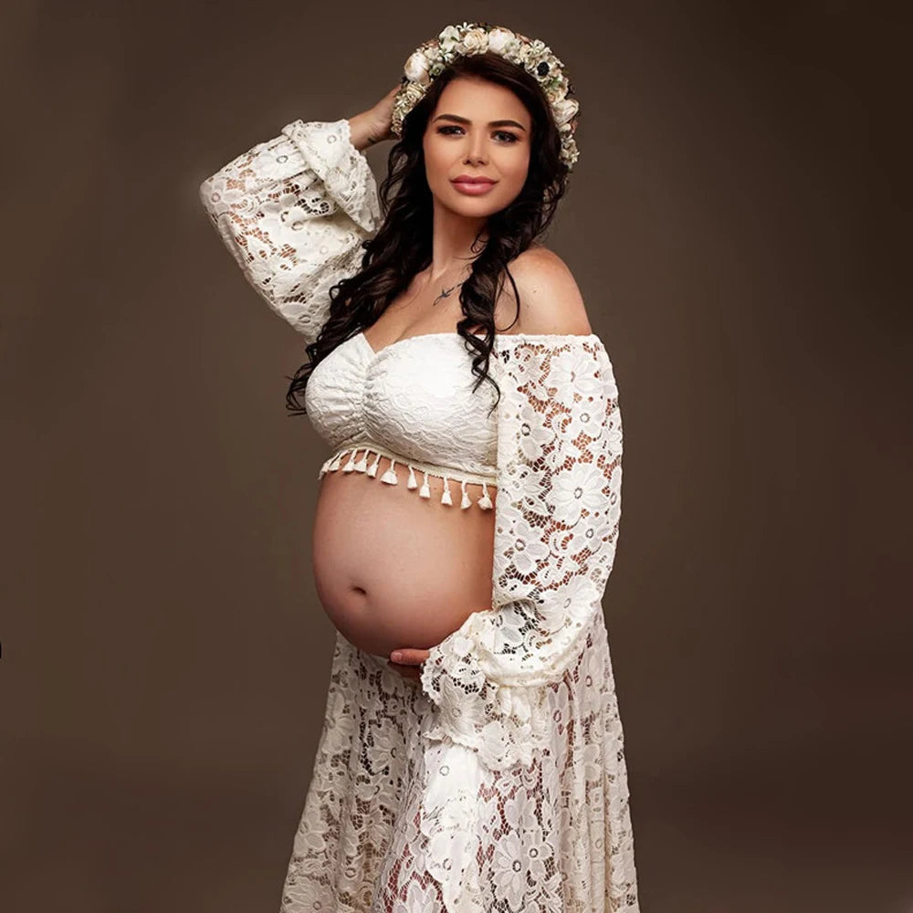 Maternity Boho Style Lace Dress Bohemian Baby Shower Ruffled Split Cut