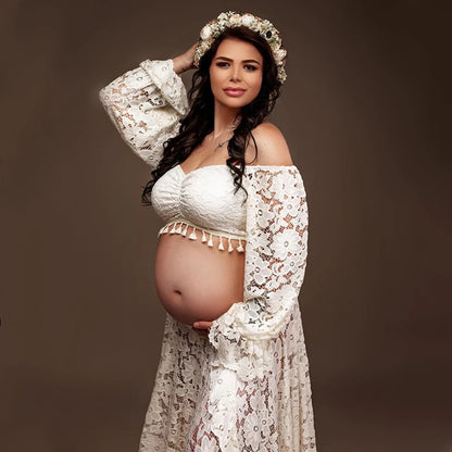 Maternity Boho Style Lace Dress Bohemian Baby Shower Ruffled Split Cut