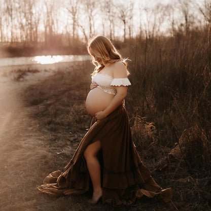 Maternity Knitted Bra Linen Cotton Three-layer Lace Boho Style Dress Two-piece Set