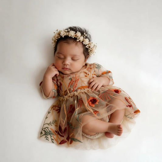 Newborn Girl Dress Embroidered Floral Tulle Boho Newborn Set