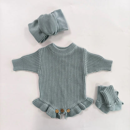 Newborn Personalized Baby Girl Knit Romper Ruffle Skirt Custom Name Embroidery Bow Headband Photo