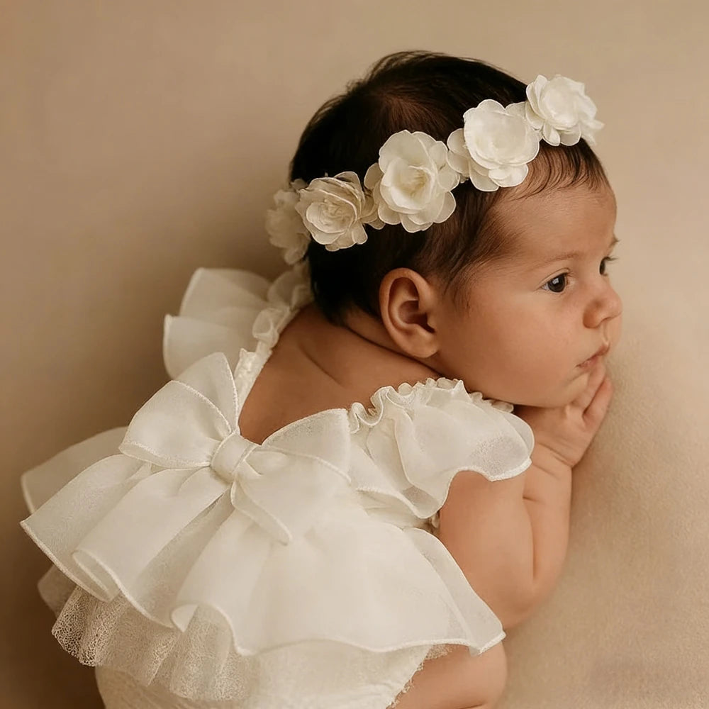 Magical White Angel Wing Ruffled Tulle Dress Back Bow Newborn Photo Newborn Set