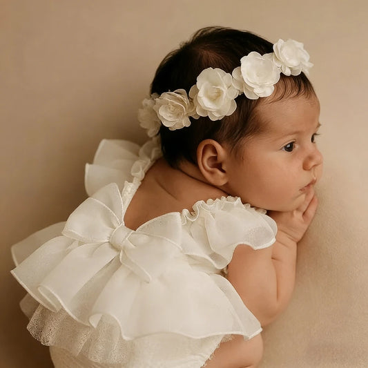 Magical White Angel Wing Ruffled Tulle Dress Back Bow Newborn Photo Newborn Set