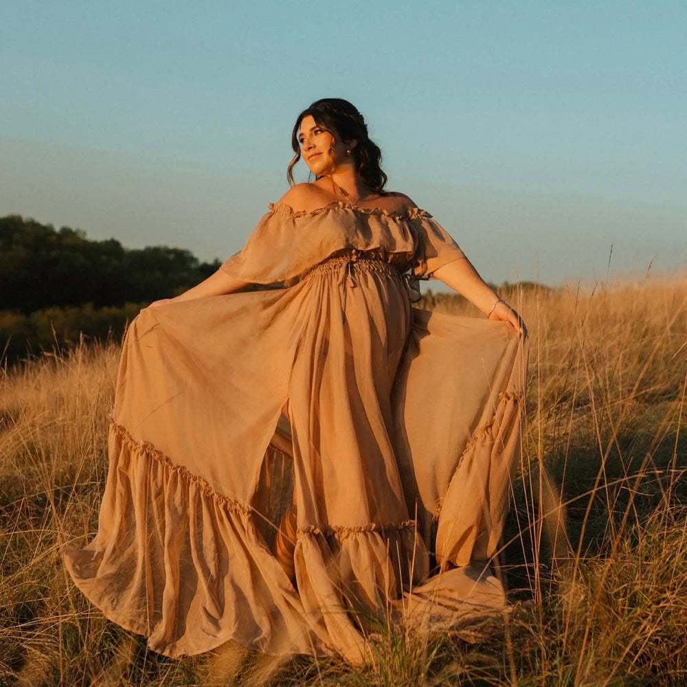 Maternity Dresses For Photo Shoot Elegant Chiffon Off Shoulder Pleated Hem Mop Dress Photography Dress For Women