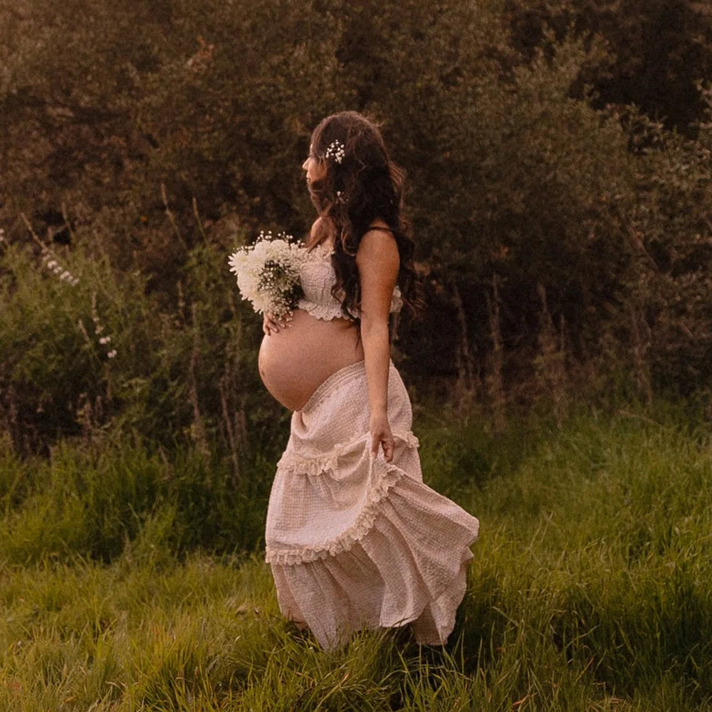Maternity Dresses For Baby Showers Embroidered Checkered Strapless Two-piece Lace Cake Dress  Pregnancy Photography Outfit