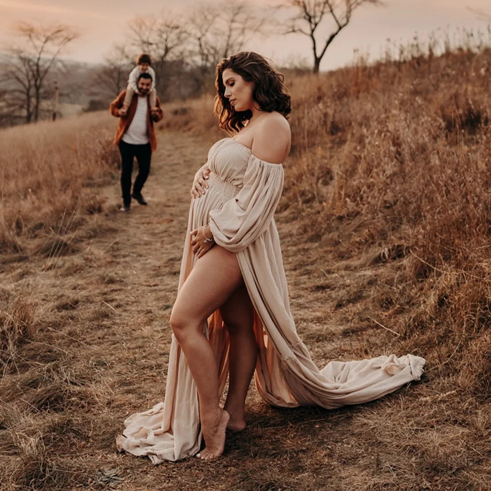 Bohemian Photo Shooting Pregnancy Dress Linen Cotton Off Shoulder Long Sleeved Floor Length Dress Flying Dress For Photography