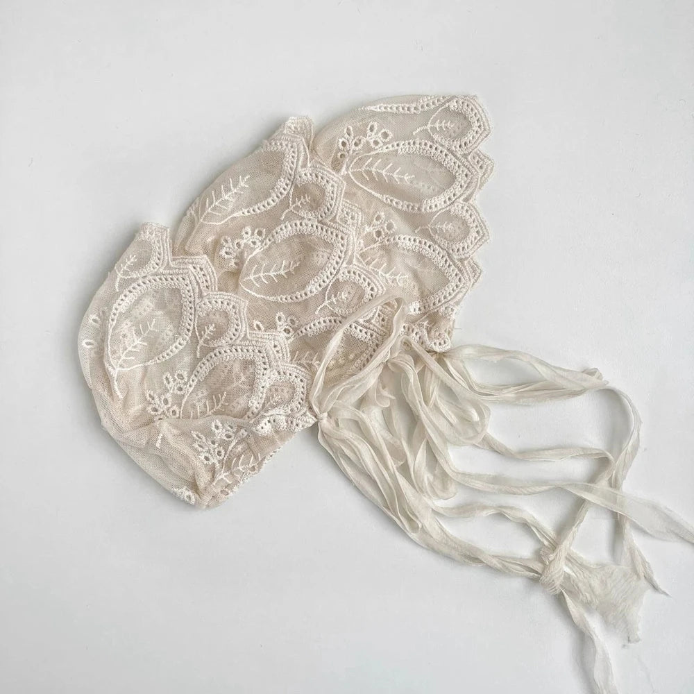 Lace Bonnet Baby Tie Knot Headband Vintage Floral Embroidery Newborn Set