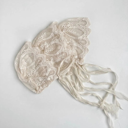 Lace Bonnet Baby Tie Knot Headband Vintage Floral Embroidery Newborn Set