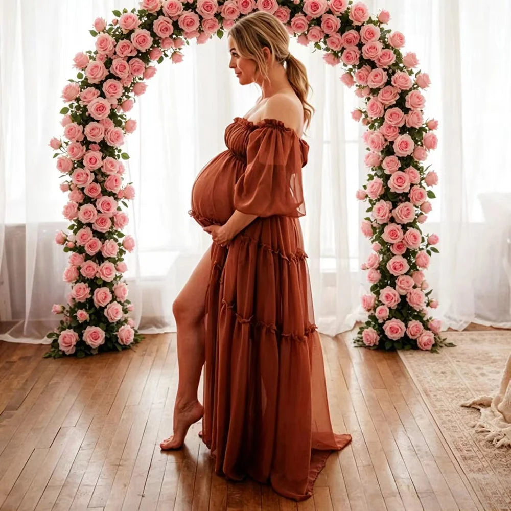 Bohemian Photo Shooting Pregnancy Dress Sexy Off Shoulder Long Sleeved Pleated Edge Chiffon Dress Photography Dress For Women