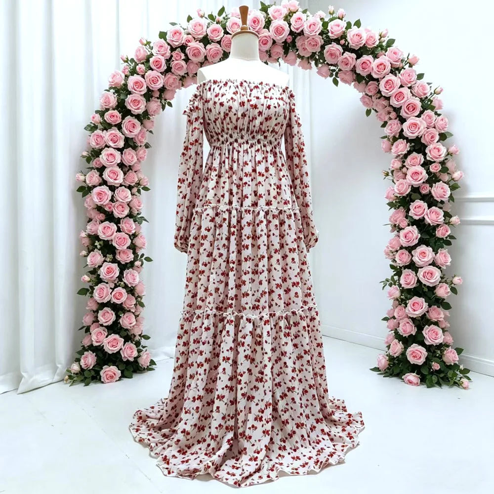 Bohemian Photo Shooting Pregnancy Dress Sexy Off Shoulder Long Sleeved Pleated Edge Chiffon Dress Photography Dress For Women