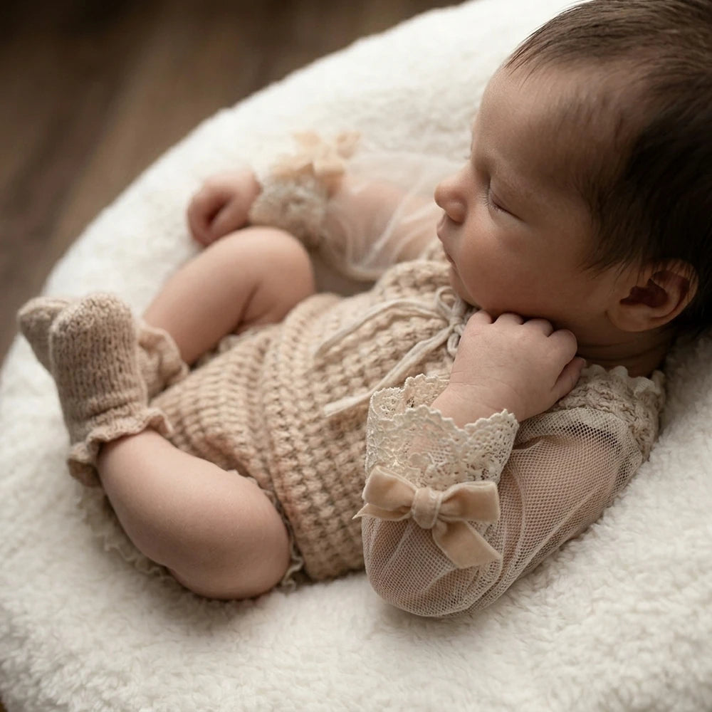Newborn Photography Props Knit Baby Romper Vintage Lace Long Sleeve Bow Princess Infant Photoshoot Outfit Studio Clothes