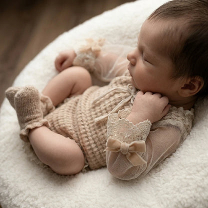 Newborn Knit Romper | Knit Baby Romper Vintage Lace Long Sleeve Bow Princess Infant Photoshoot Outfit Studio Clothes Photo Outfit