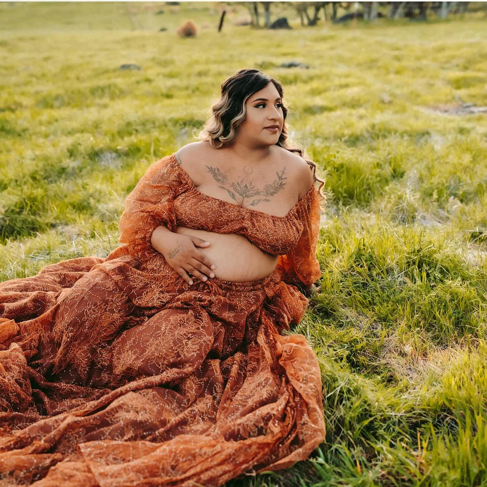 Bohemian Photo Shooting Pregnancy Dress Sequined Lace V-neck Dress Two-piece Set Boho Style Dress Photo Shoot Pregnant