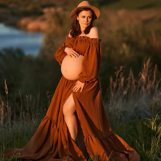 Maternity Bohemian Comfortable Wear Linen Cotton Retro Off Shoulder Top Large Skirt Hem