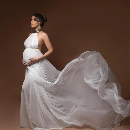 Maternity Elegant White Long Gold Color Leather African Dress