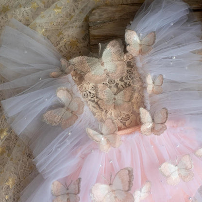 Newborn Butterfly Theme Girl Tutu Romper Pearl Beads Princess Dress Studio Clothing