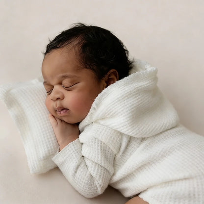 Newborn Baby White Waffle Hooded Romper Costume Wrap Bodysuit
