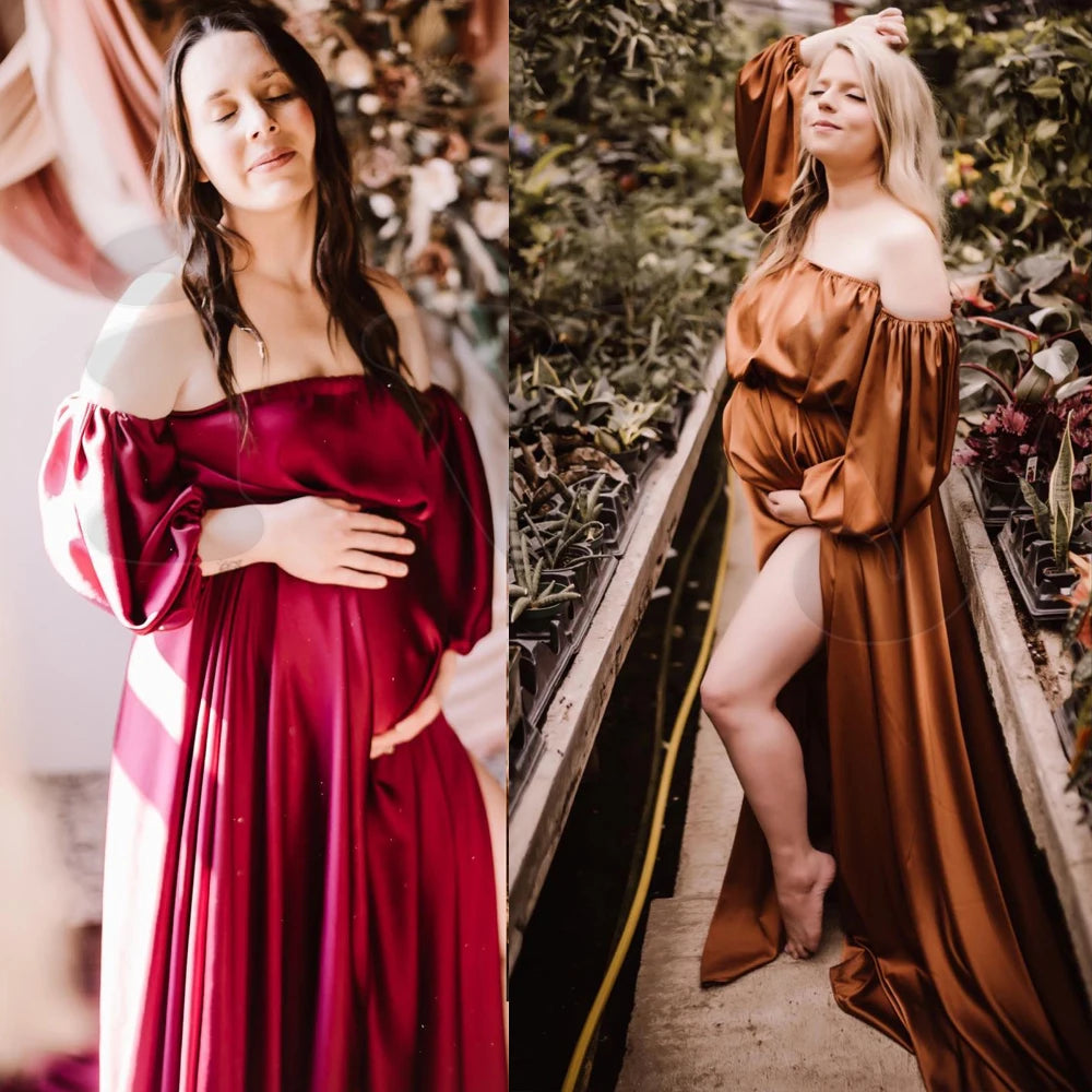 Maternity Soft Satin Off Shoulder Woman Baby Shower Gift Dress