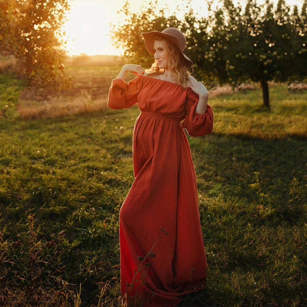 Maternity Bohemian Dress Comfort Linen Cotton One Shoulder Boho Style Baby Shower