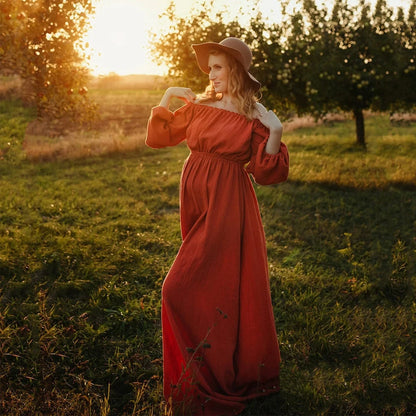 Maternity Bohemian Dress Comfort Linen Cotton One Shoulder Boho Style Baby Shower