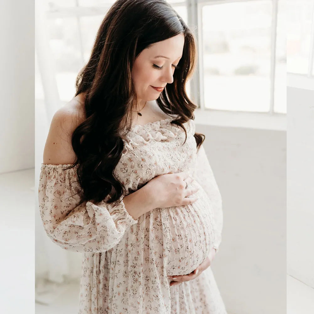 Maternity Elegant Floral Chiffon Dress One Shoulder Long Sleeved Two-piece