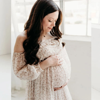 Maternity Elegant Floral Chiffon Dress One Shoulder Long Sleeved Two-piece